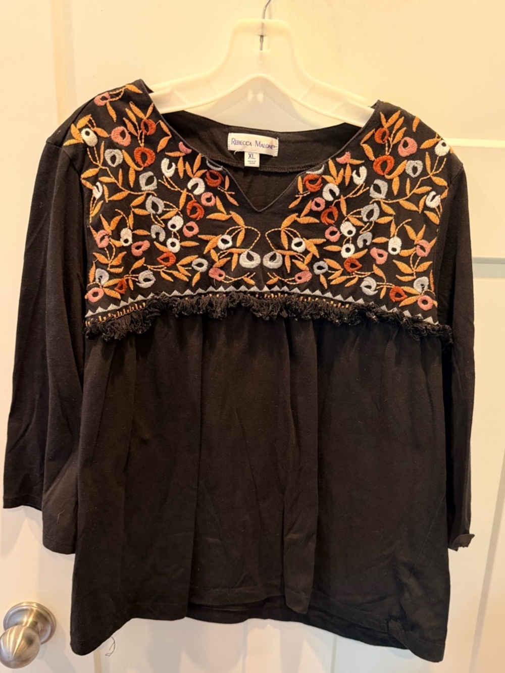 Rebecca Malone Embroidered Boho Blouse XL Black Floral 3/4 Sleeve Peasant Top